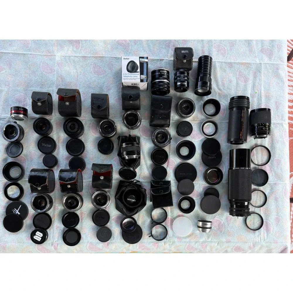 100+ Piece Lot of Camera Lenses,Filters,Extensions, Accessories & Flash-Untested